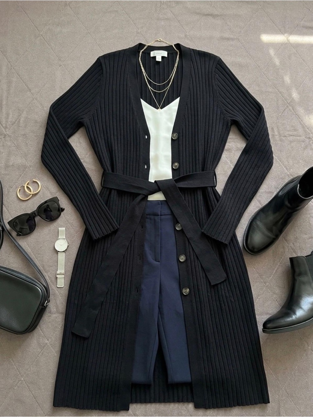 Time and Tru Black Ribbed Long Belted Cardigan